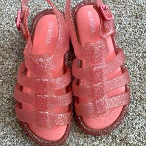 Mini Melissa pink glitter sandals. Size 10. Velcro closure.